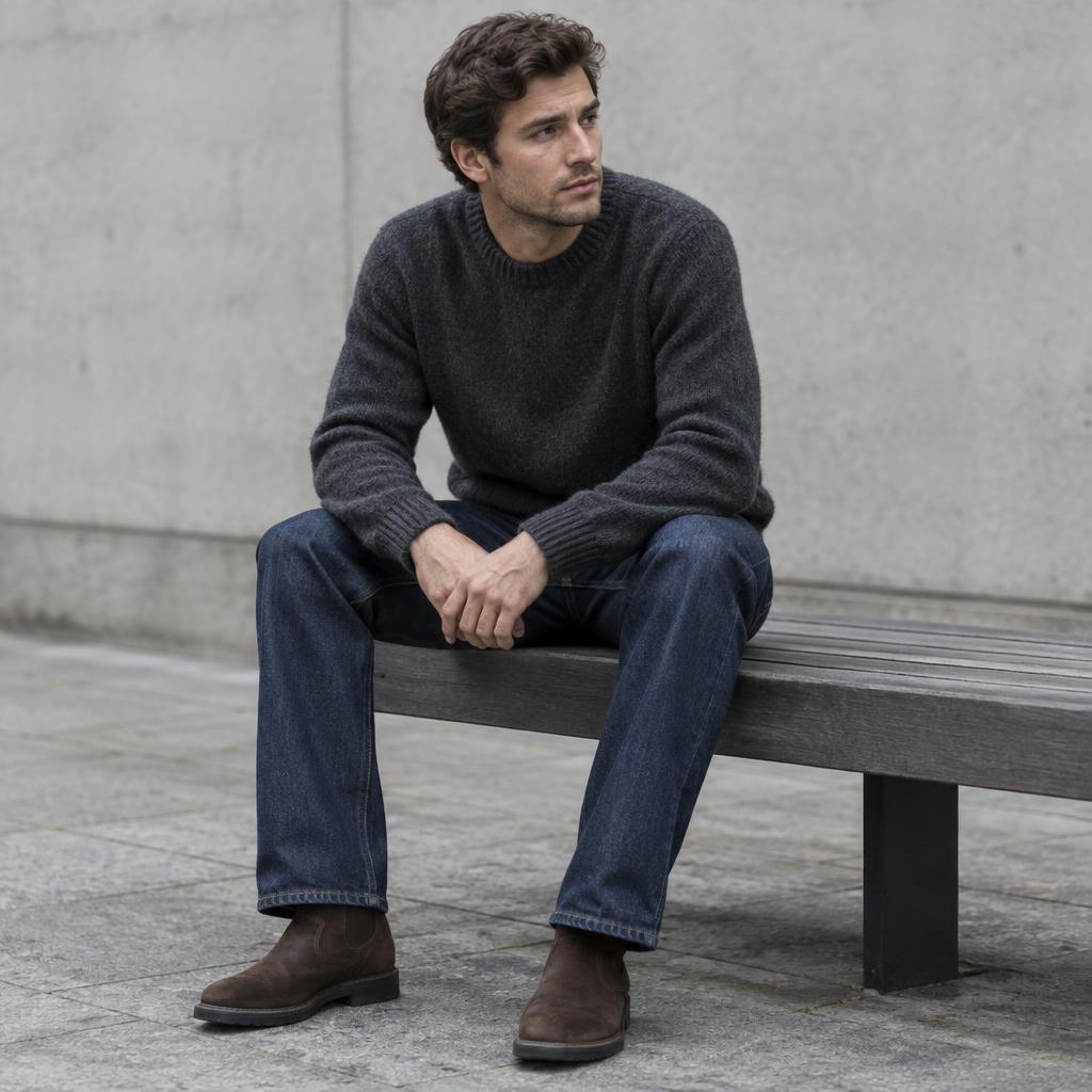 Man wearing a charcoal crew knit with indigo jeans