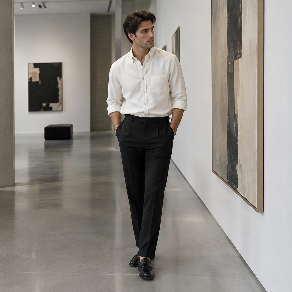 Man wearing a bone Oxford shirt with black trousers