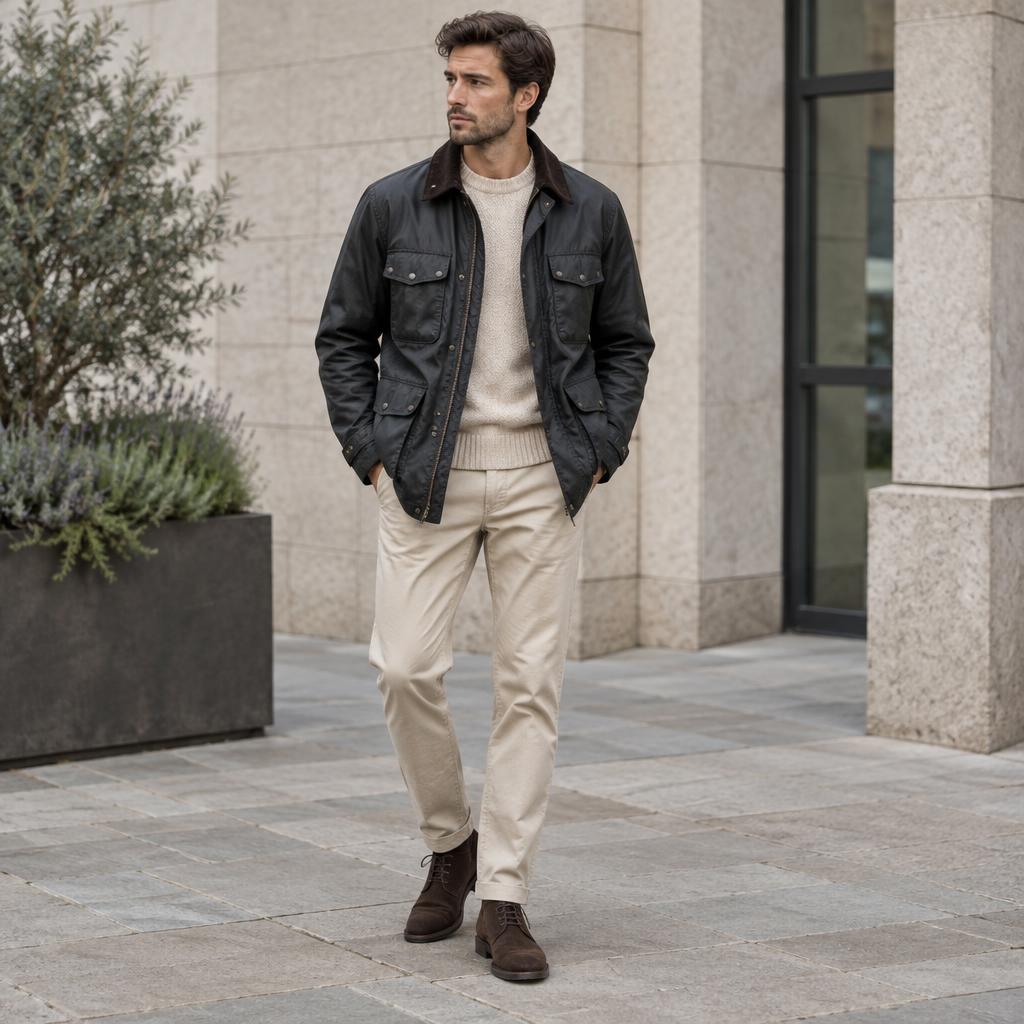 Man wearing a waxed field jacket over an oat knit